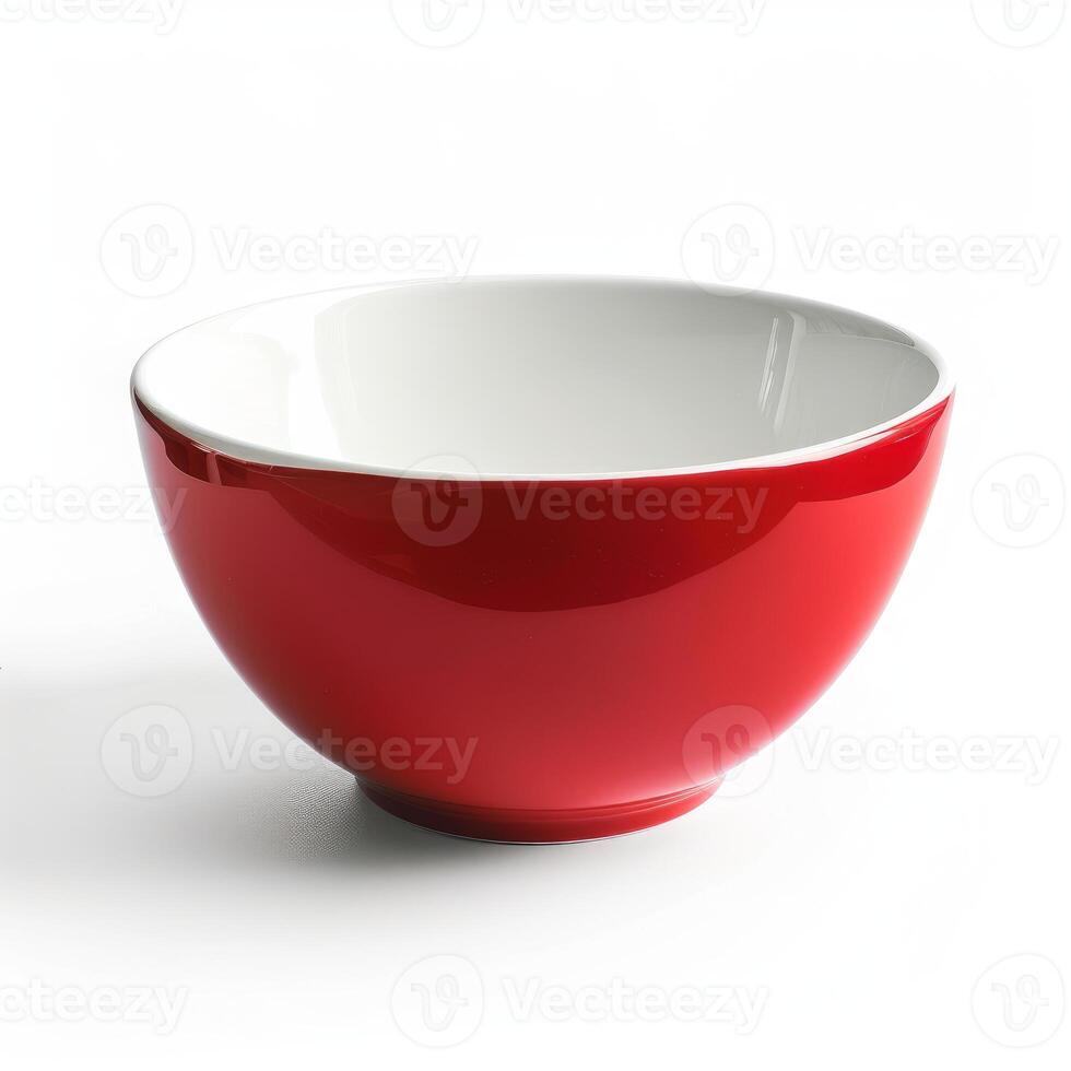 Empty red and white bowl on white background photo