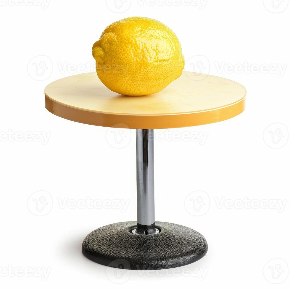 Ripe lemon sitting on small round table, minimalist composition on white background photo