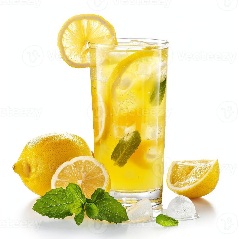 Refreshing lemonade with ice, lemon slices and mint on white background photo