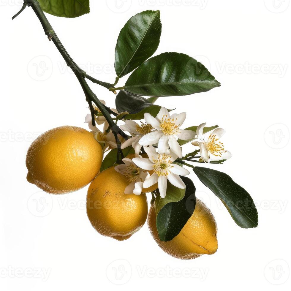 Branch of lemon tree showing ripe yellow lemons and delicate white flowers photo