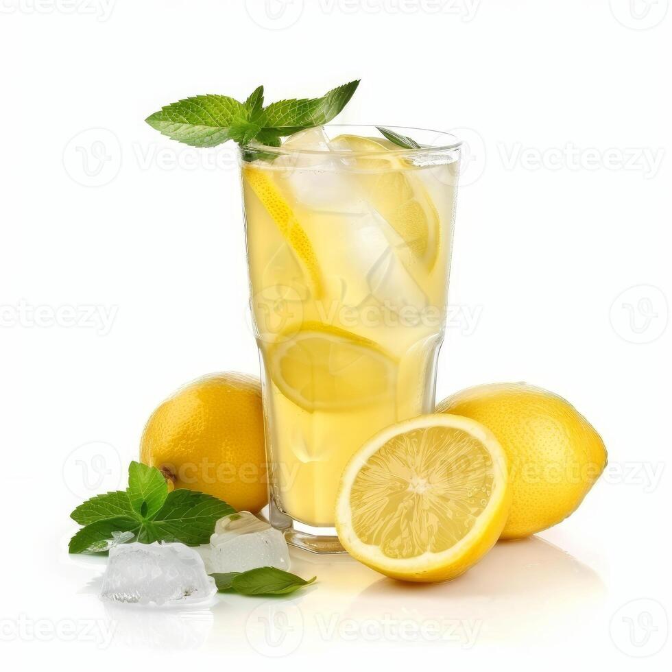 Refreshing lemonade with ice cubes, lemon slices, and fresh mint photo