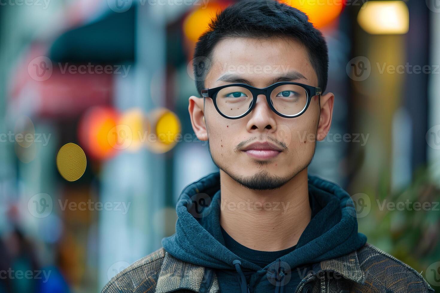 Young man wearing glasses standing in city street photo