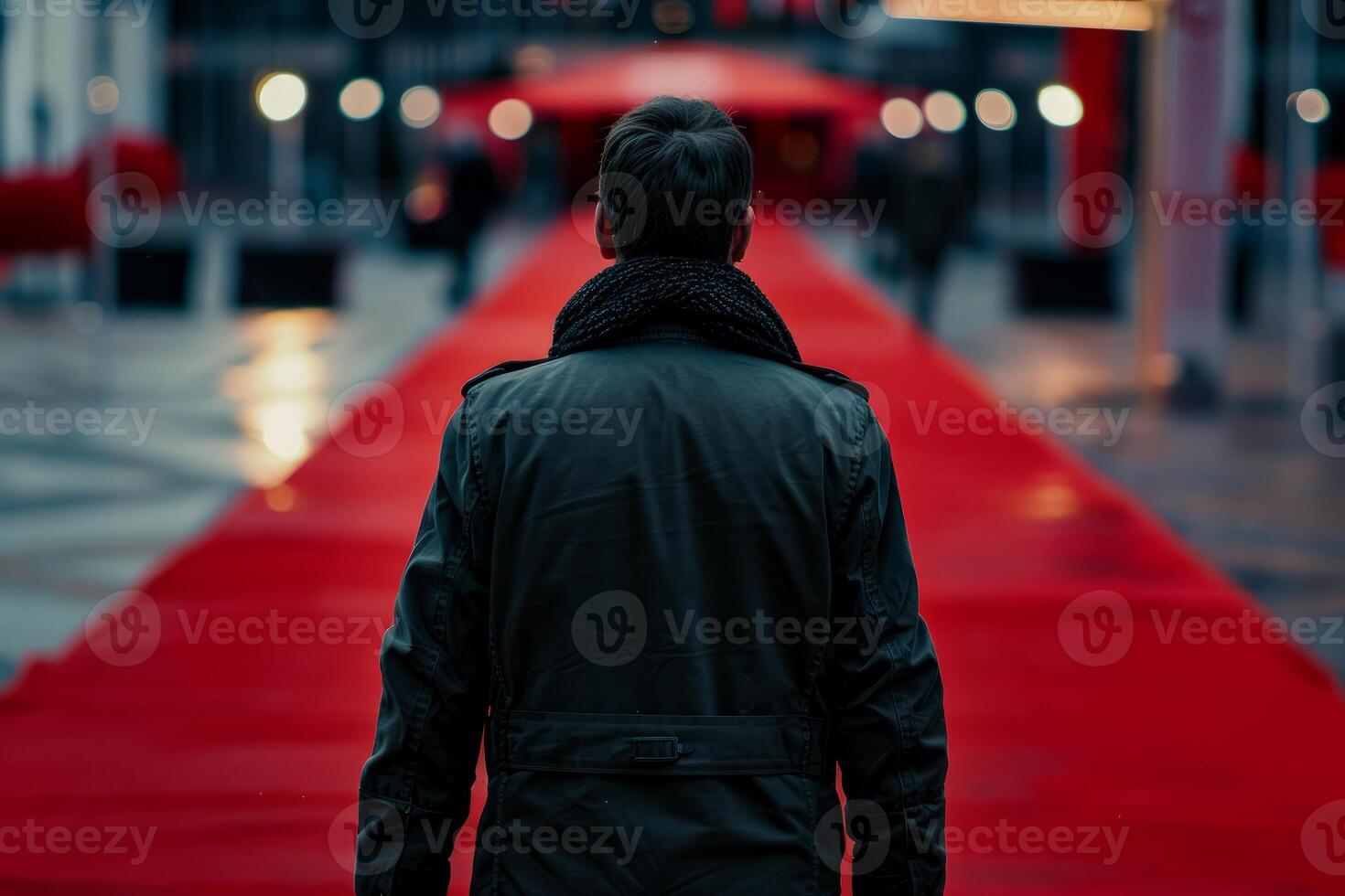 Man walking away on red carpet toward event entrance photo
