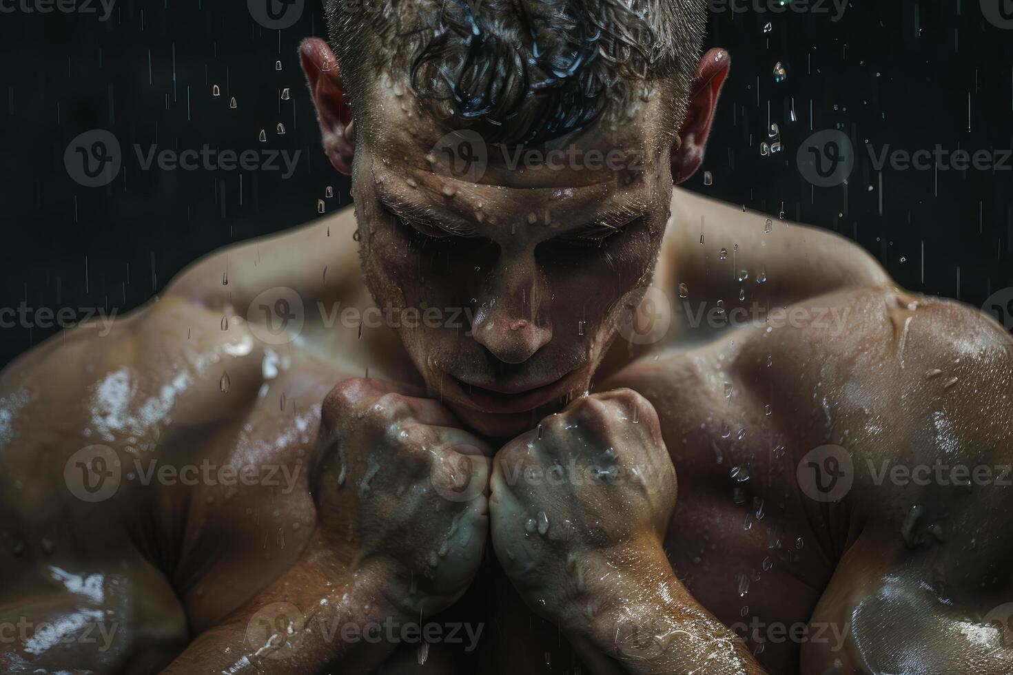 Muscular man holding fists together under shower in the dark photo