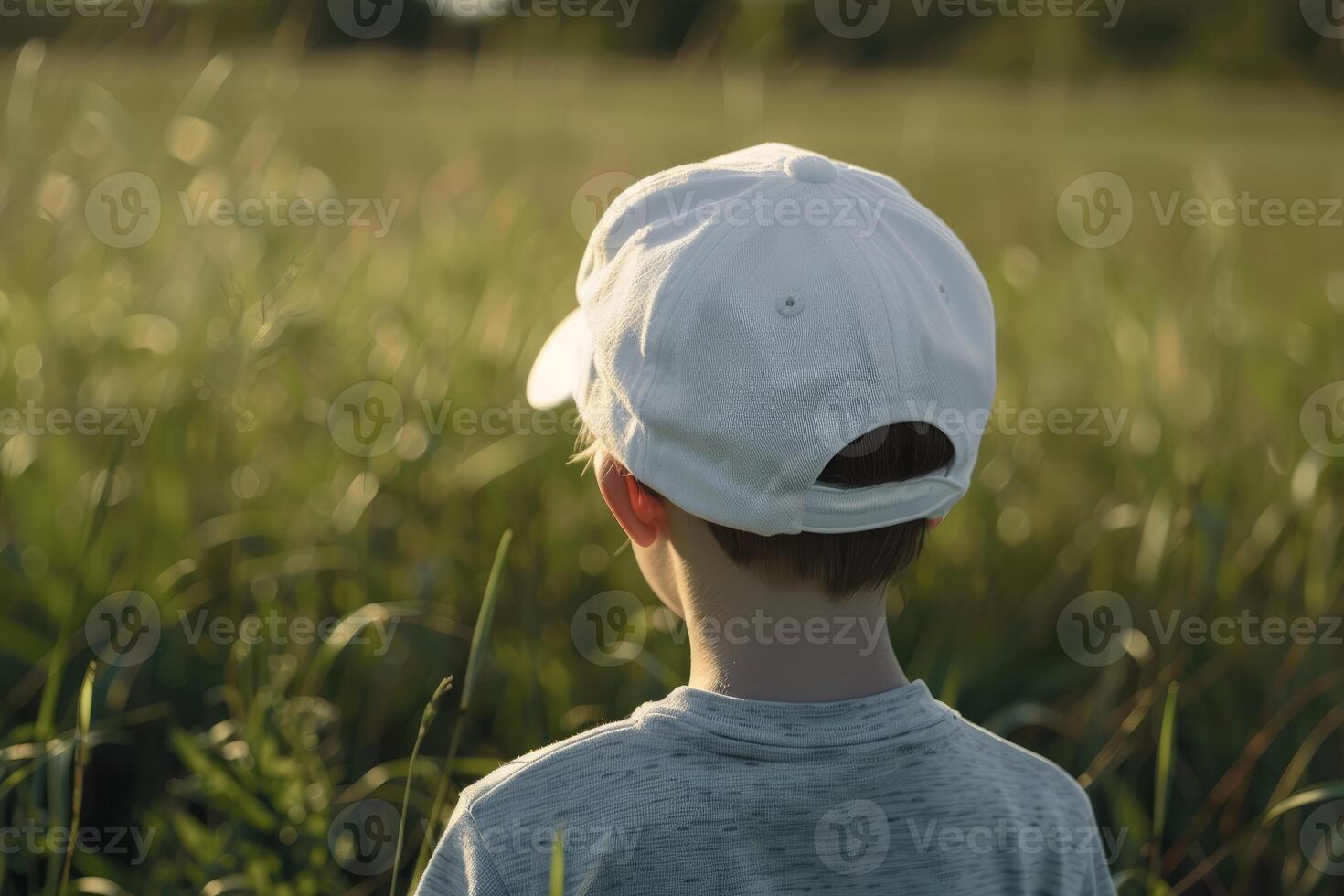 Young child wearing white baseball cap looking at tall grass in field at sunset photo