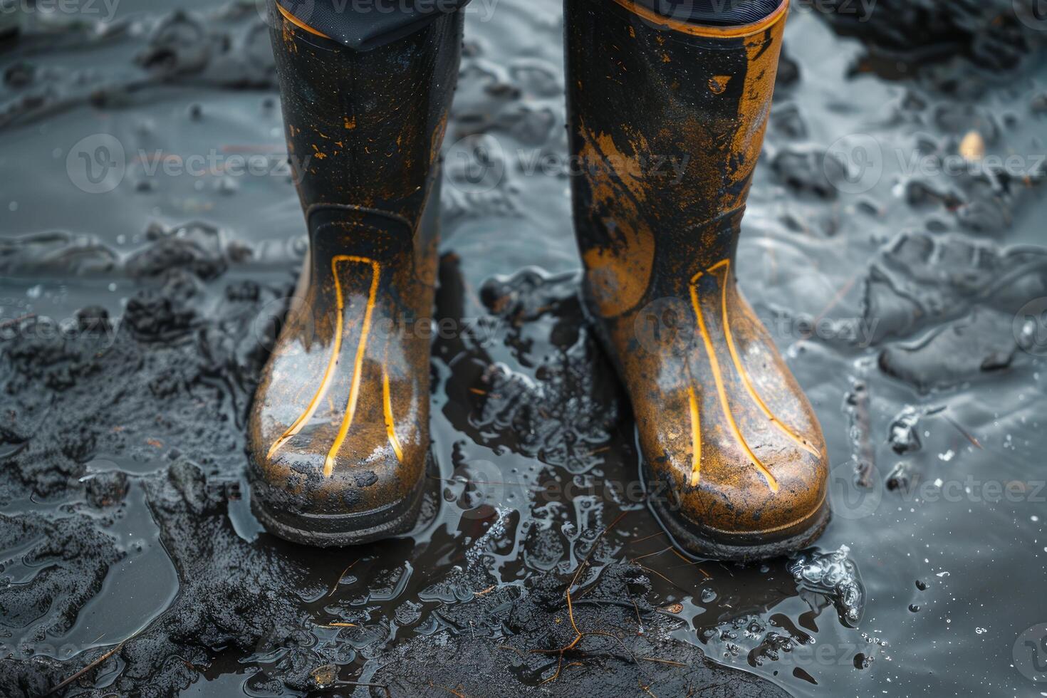 Worker wearing rubber boots standing in mud puddle photo