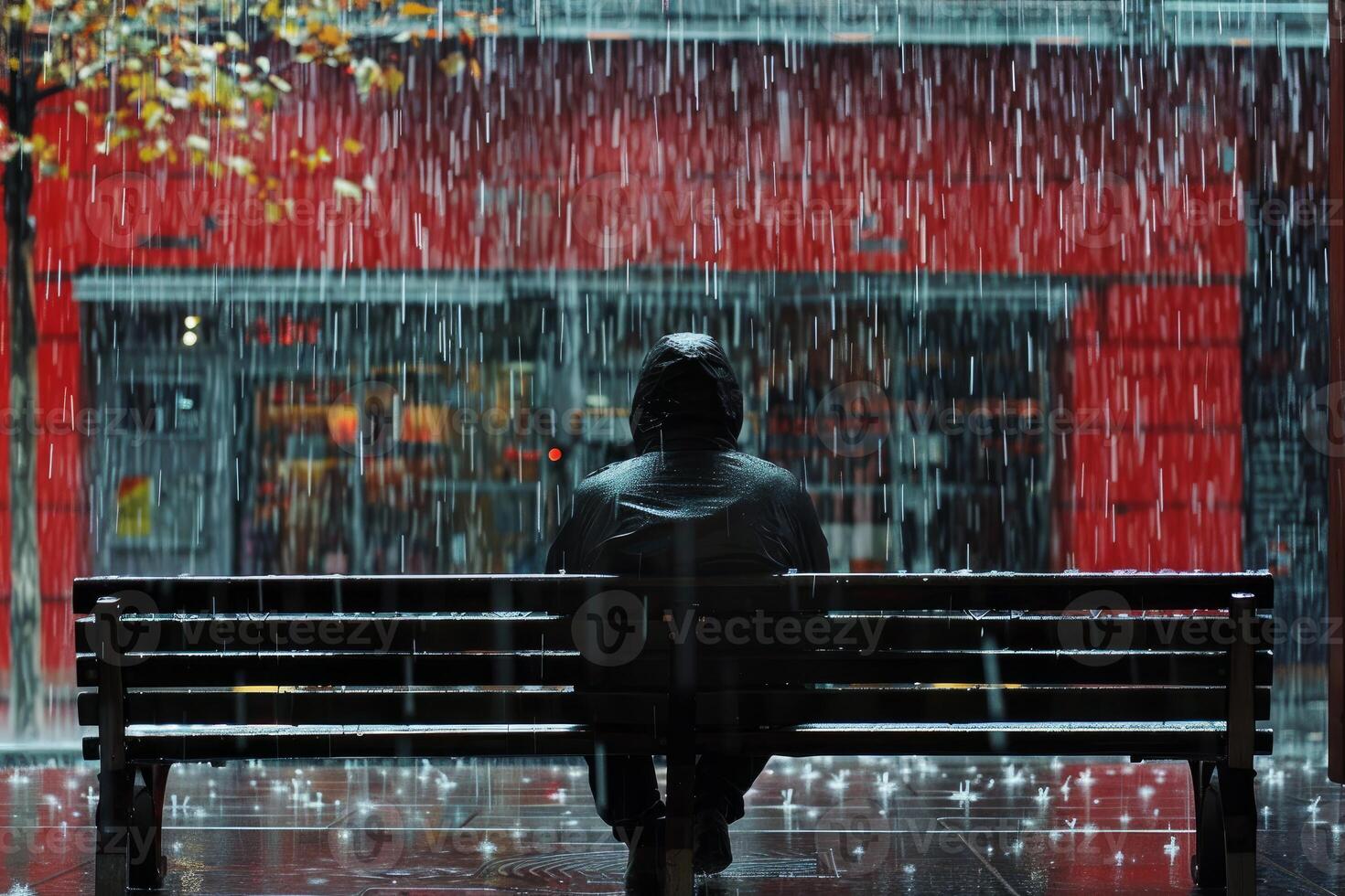 Lonely person wearing raincoat sitting on bench during heavy rain photo