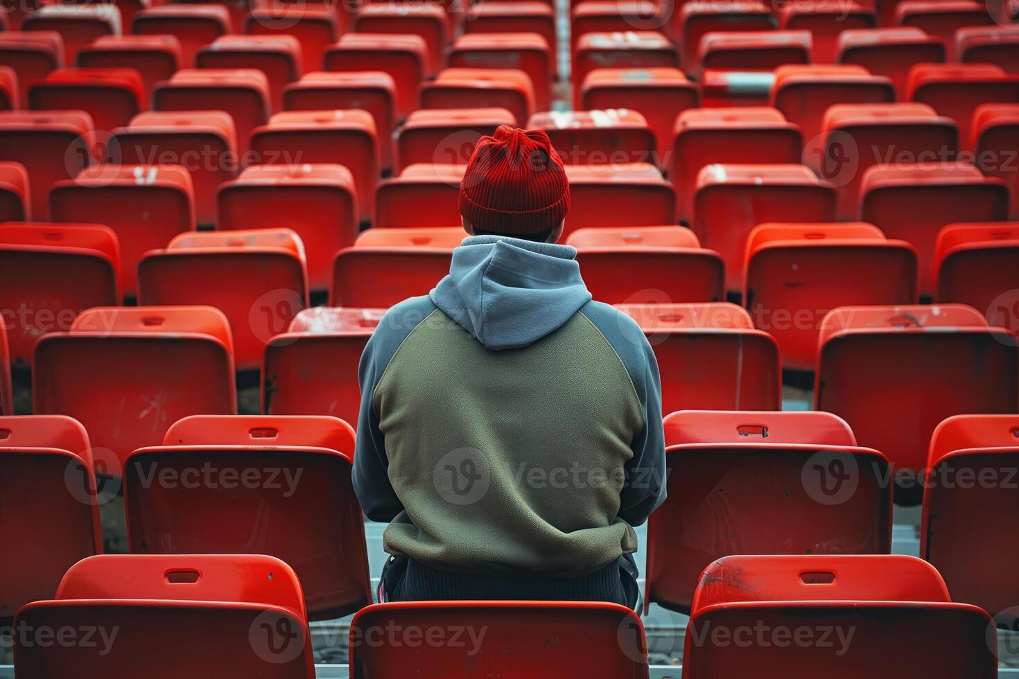 Lonely spectator wearing red beanie sitting in empty stadium bleachers photo