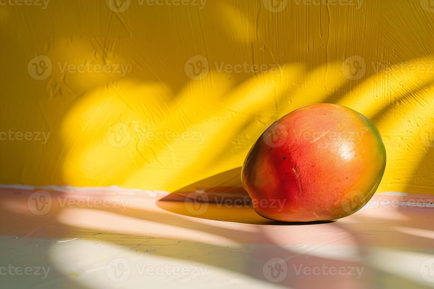 Ripe mango casting shadow on colorful background photo