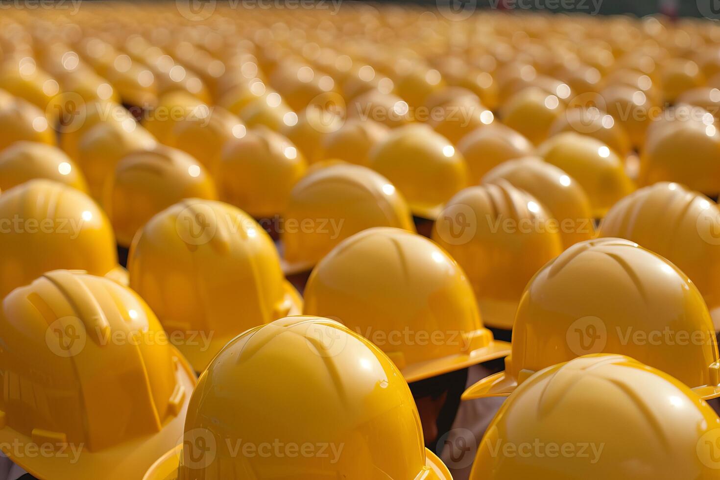 Crowd of construction workers wearing yellow hard hats representing teamwork and safety photo