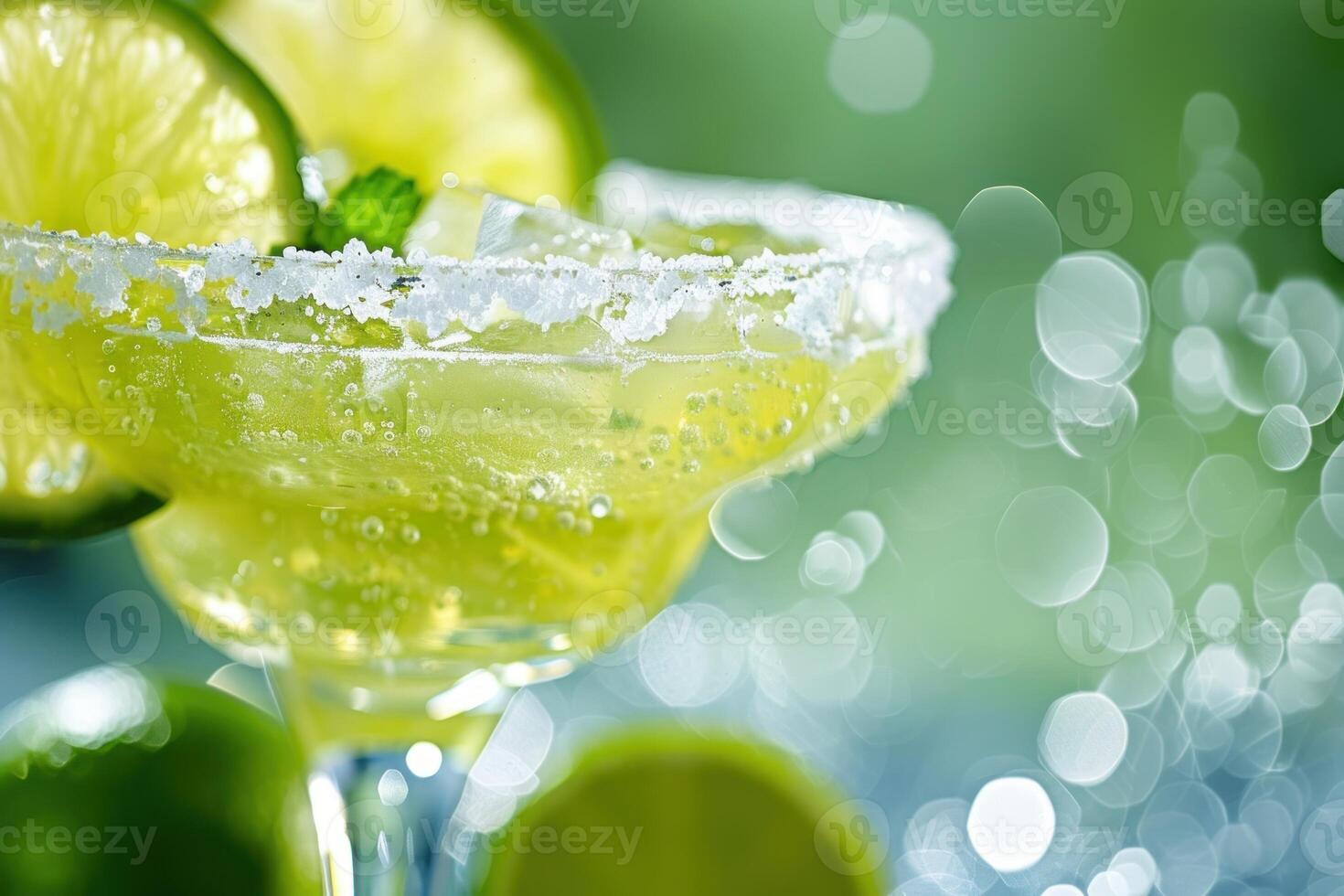 Refreshing margarita cocktail garnished with lime and salt on blurred green background photo