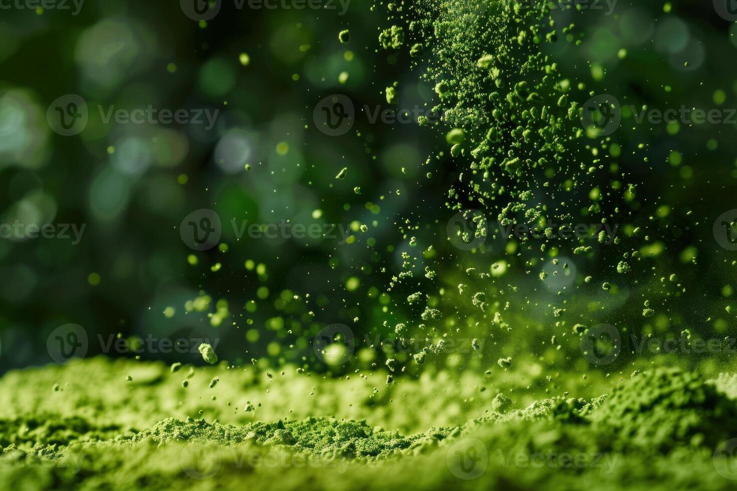 Freeze motion of matcha powder exploding, falling on a pile of matcha on blurry green background photo