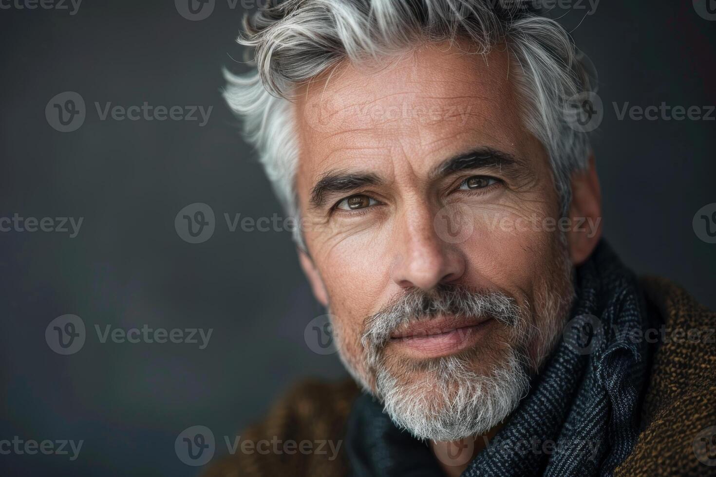 Portrait of confident mature man with grey hair and beard showing experience and wisdom photo