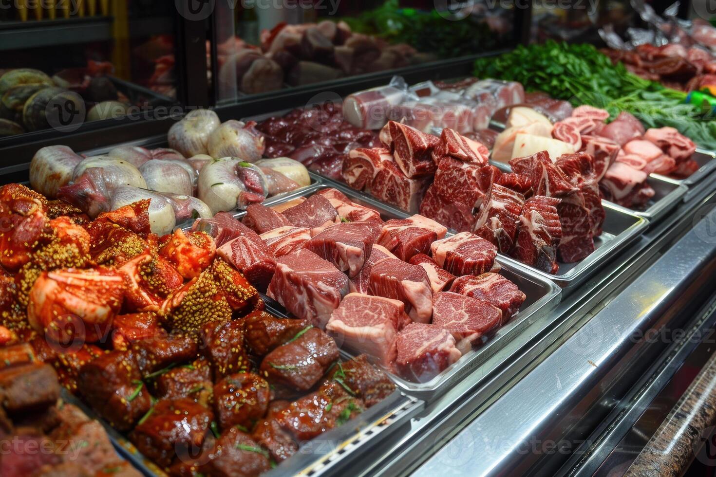 Butcher displaying various cuts of fresh meat in refrigerated display case photo