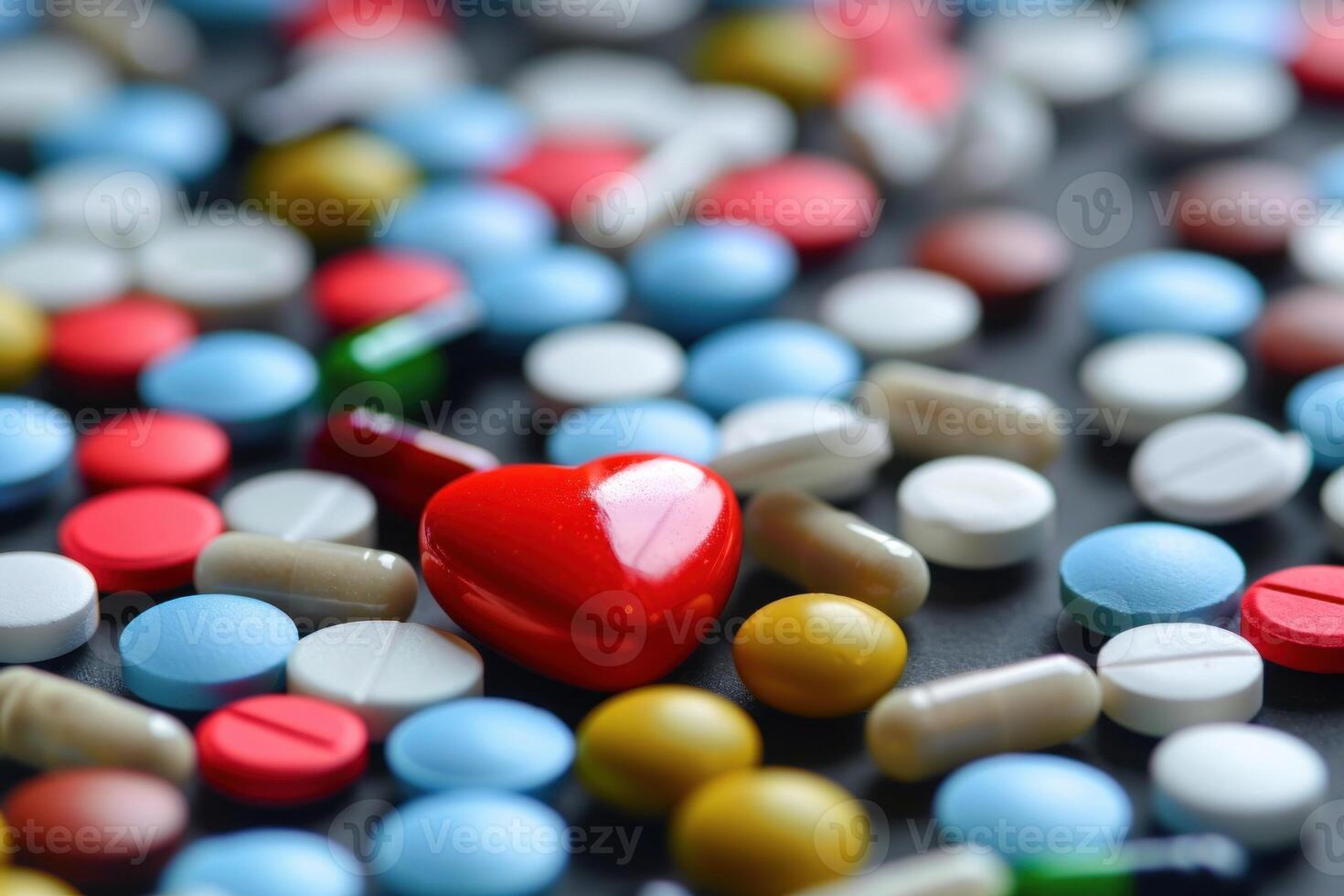 Red heart and colorful pills representing cardiovascular treatment photo