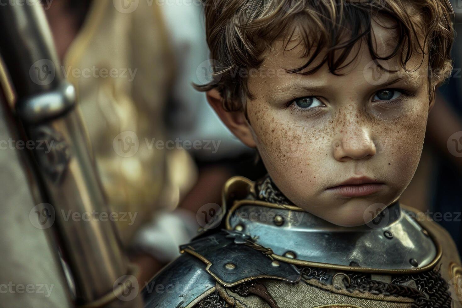 Young knight wearing armor posing seriously next to a pike photo
