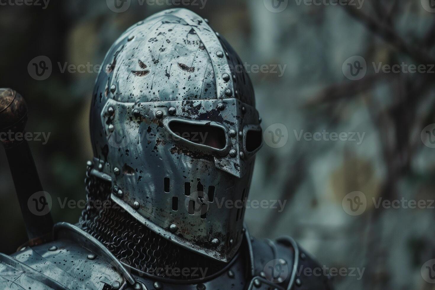 Medieval knight wearing helmet and armor, holding sword in dramatic pose photo