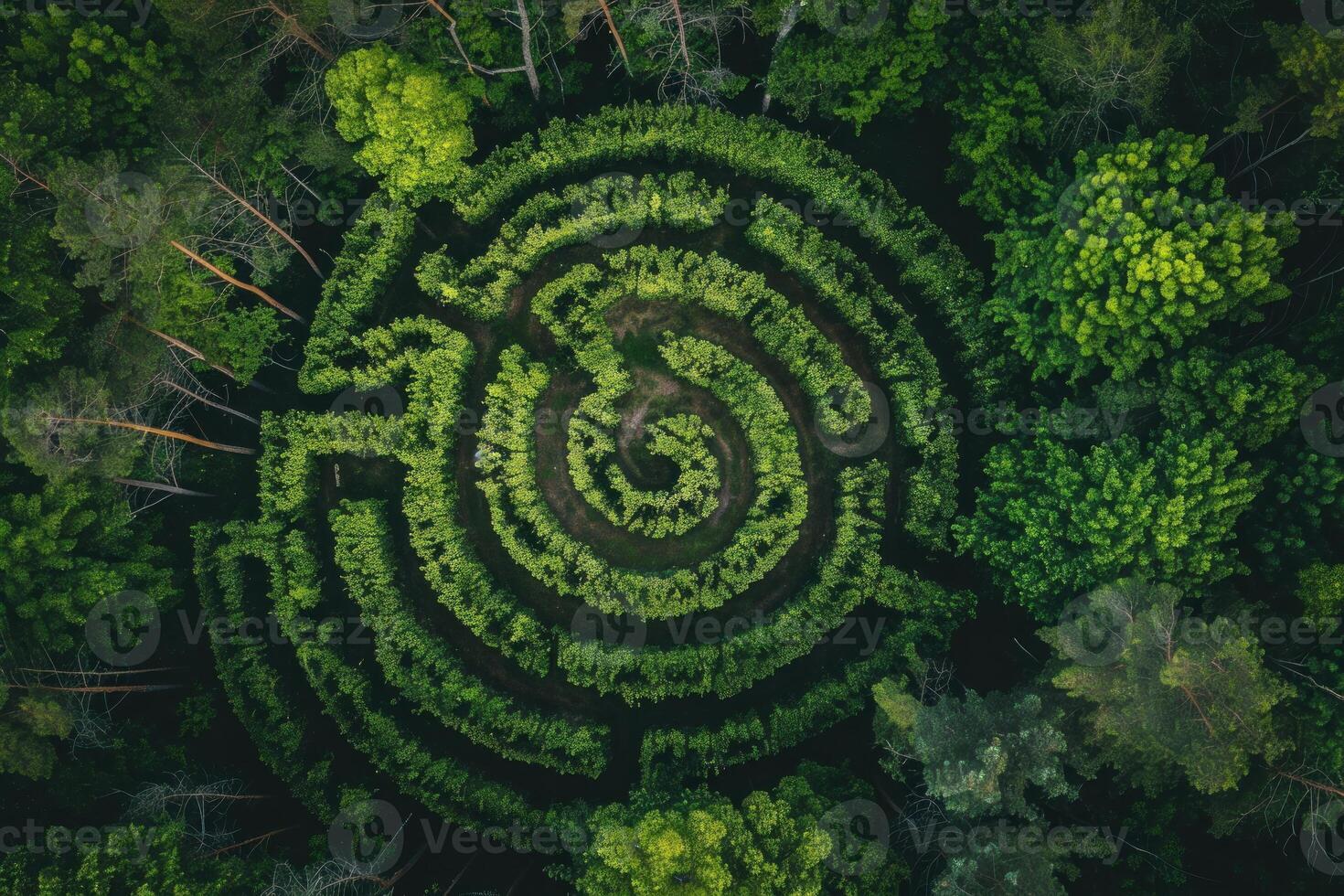 Intricate green maze surrounded by lush forest in aerial view photo