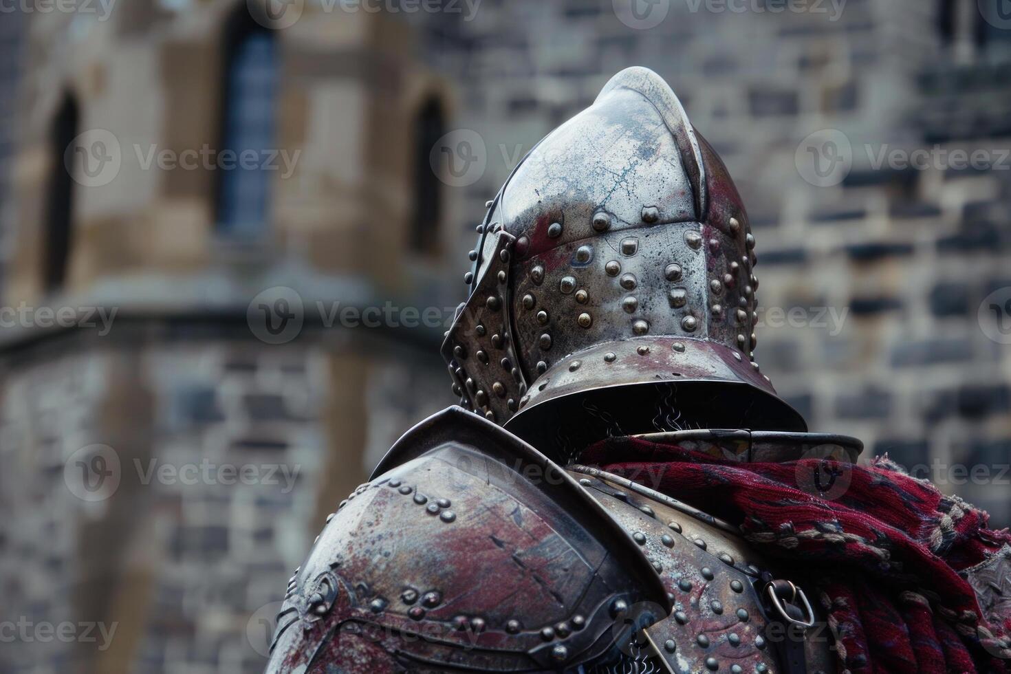 Medieval knight wearing helmet and armor in front of stone building photo