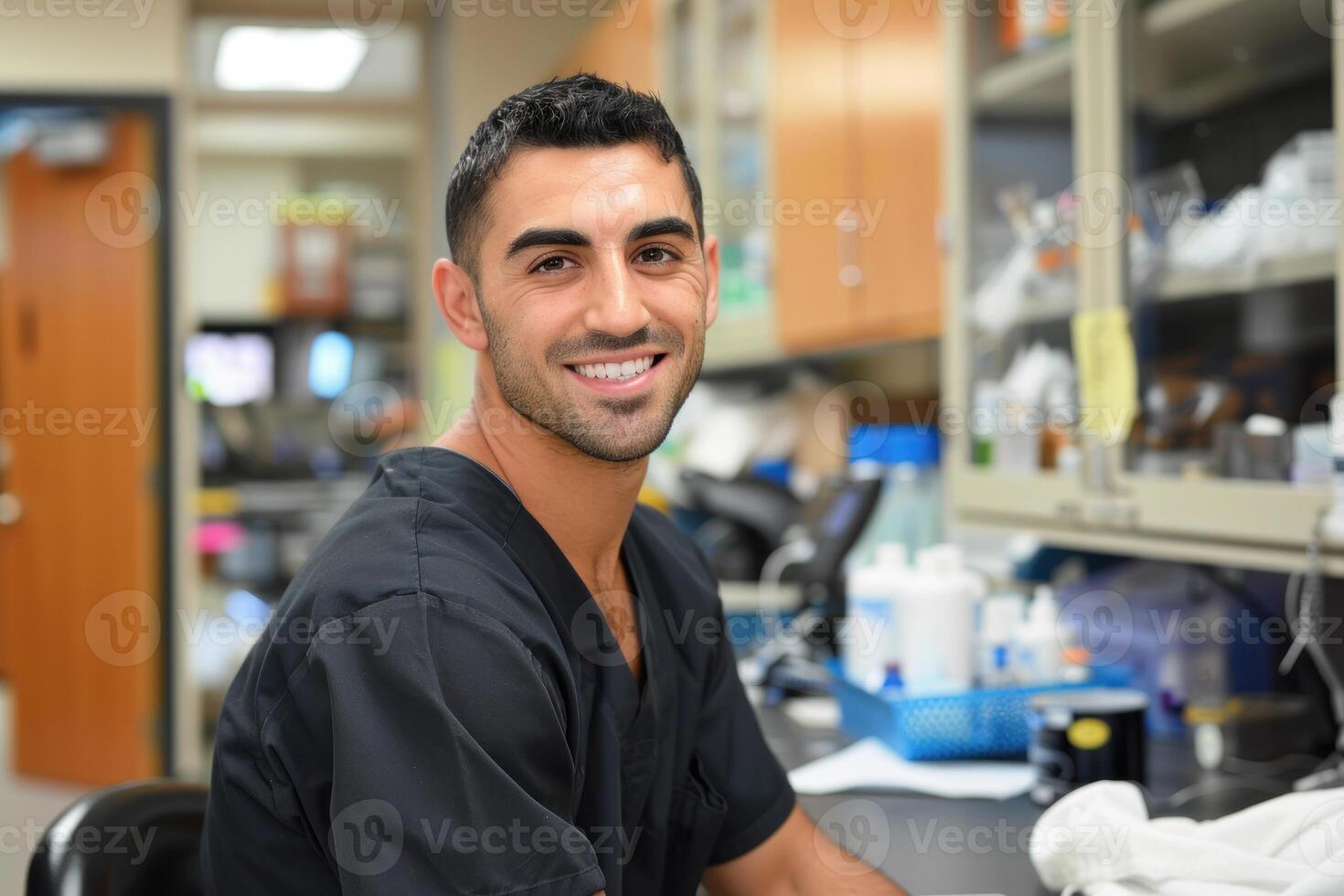 Veterinarian smiling in veterinary clinic laboratory photo
