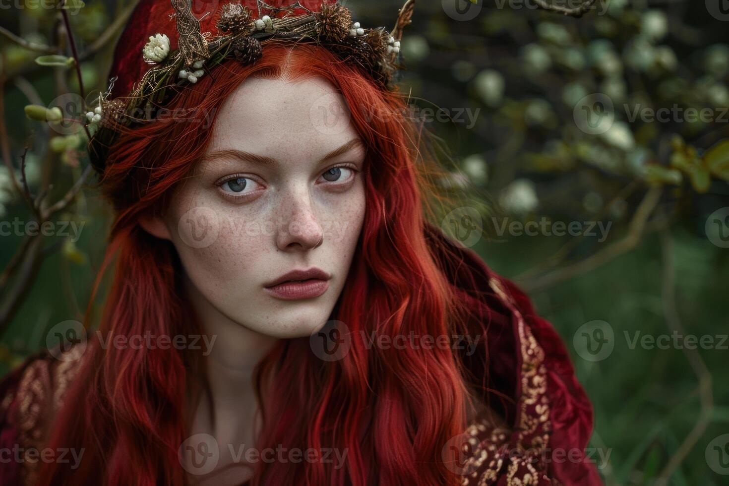 Redhead woman wearing floral crown and medieval dress in blooming fairy forest photo