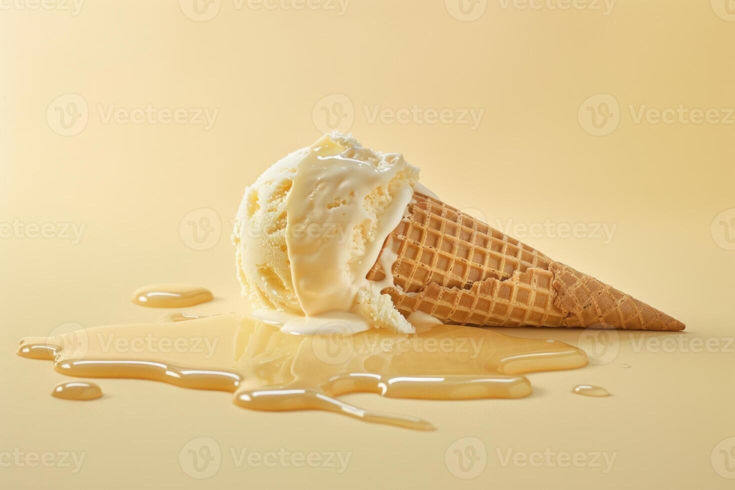 Melting ice cream cone lying on a yellow surface photo