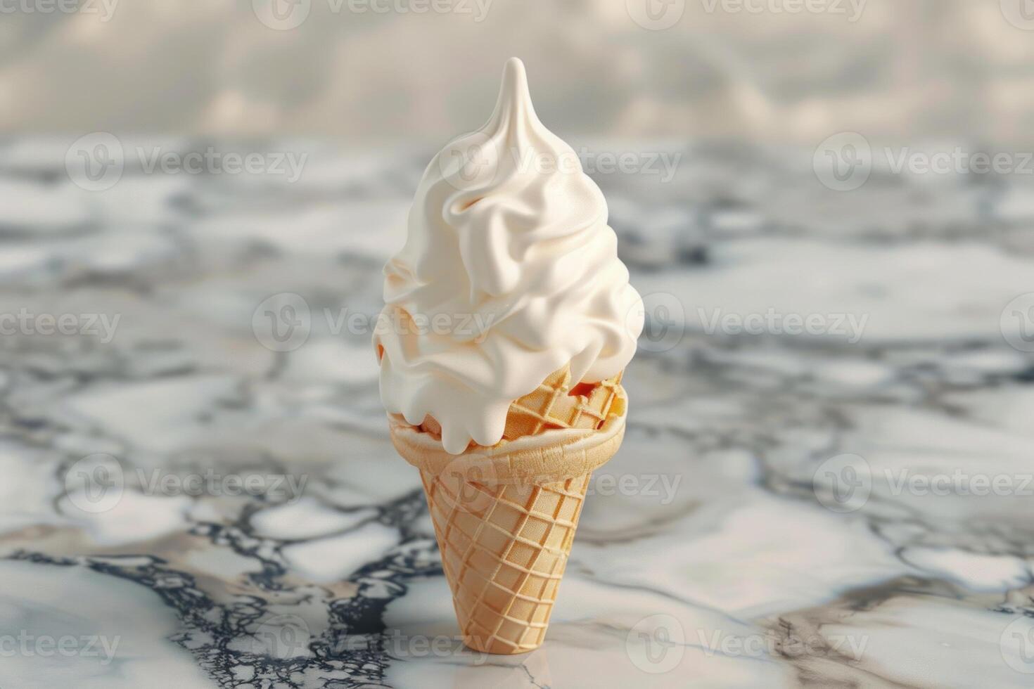 Delicious soft serve ice cream melting on marble surface photo
