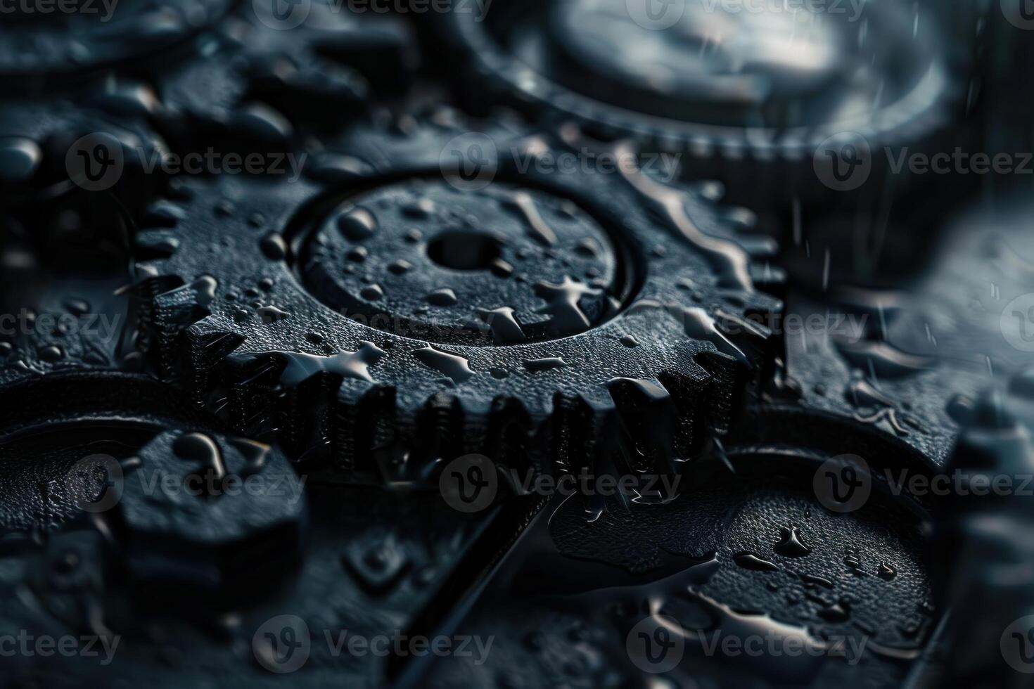 Wet industrial gears rotating under the rain, concept of industry and technology photo