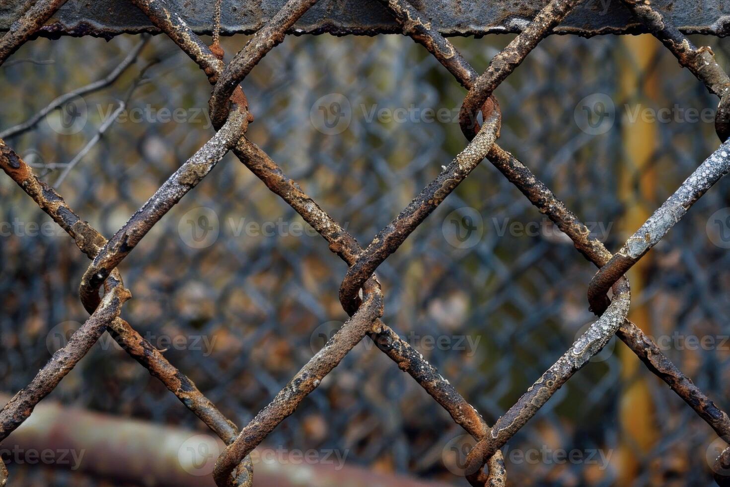 Rusty chain link fence creating diamond shapes with blurred background photo