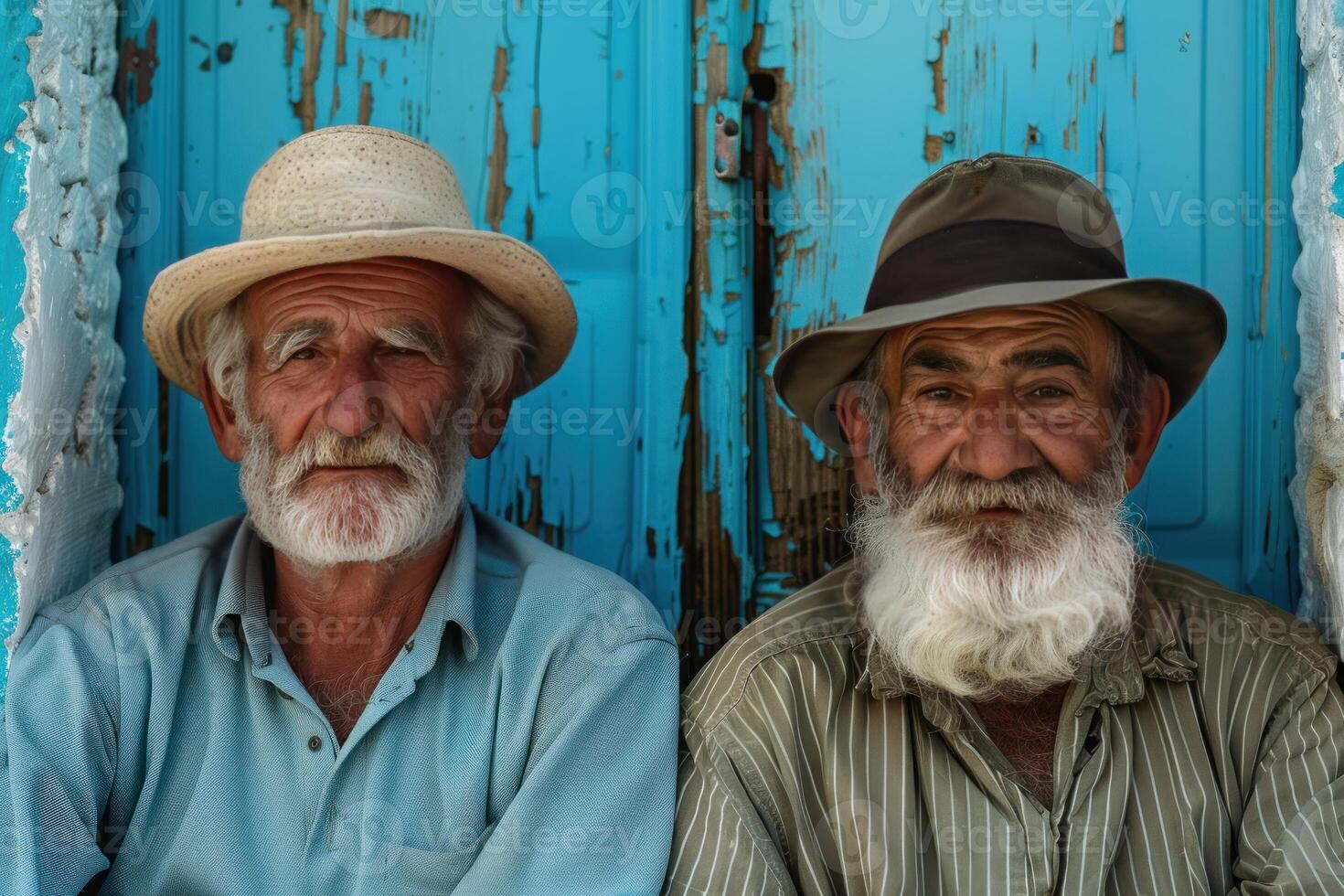 Two senior farmers wearing hats and posing in front of blue door photo