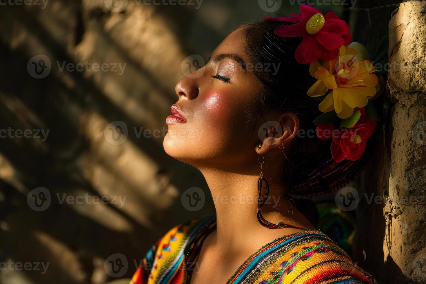 Latin american woman wearing traditional clothes and flower crown enjoying sunlight photo