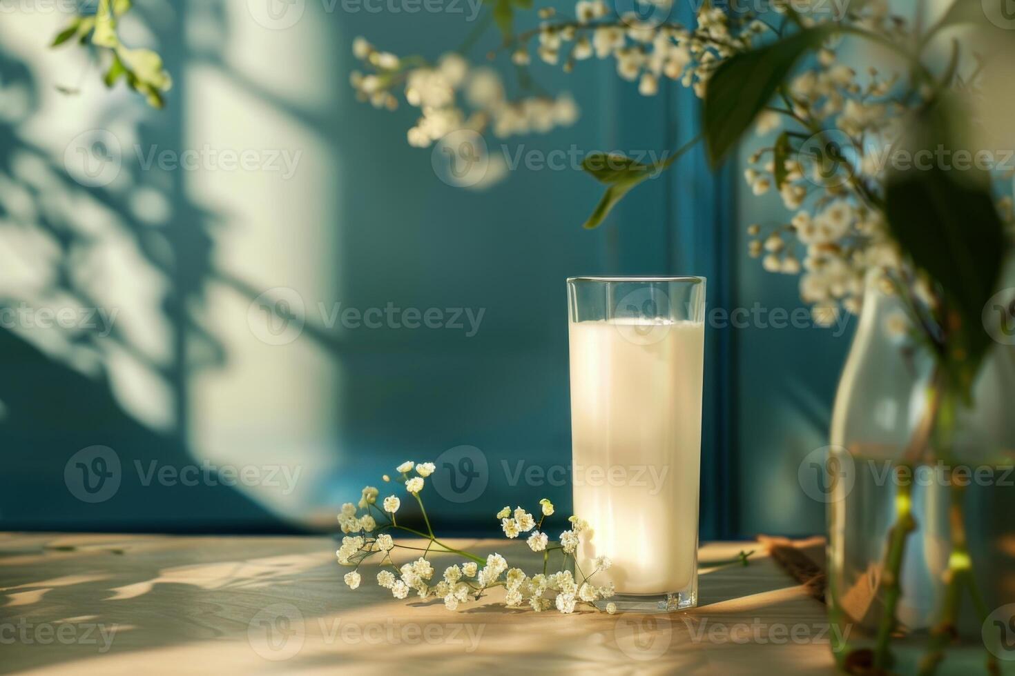 Glass of milk resting on wooden table with white flowers and bird cherry branches photo