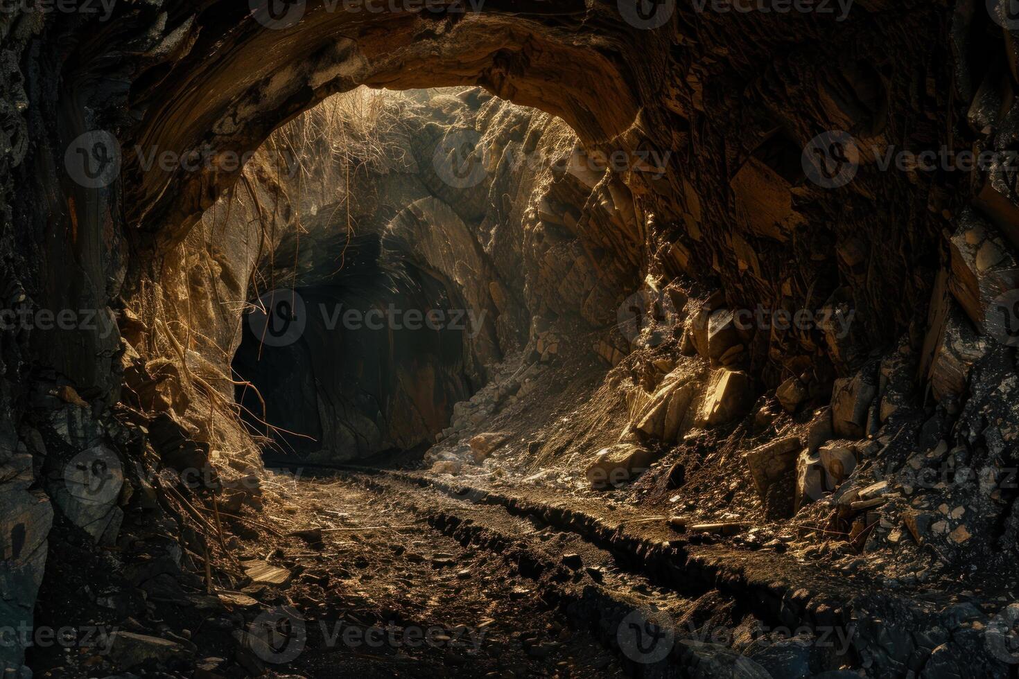 Exploring abandoned mine tunnel leading into darkness photo