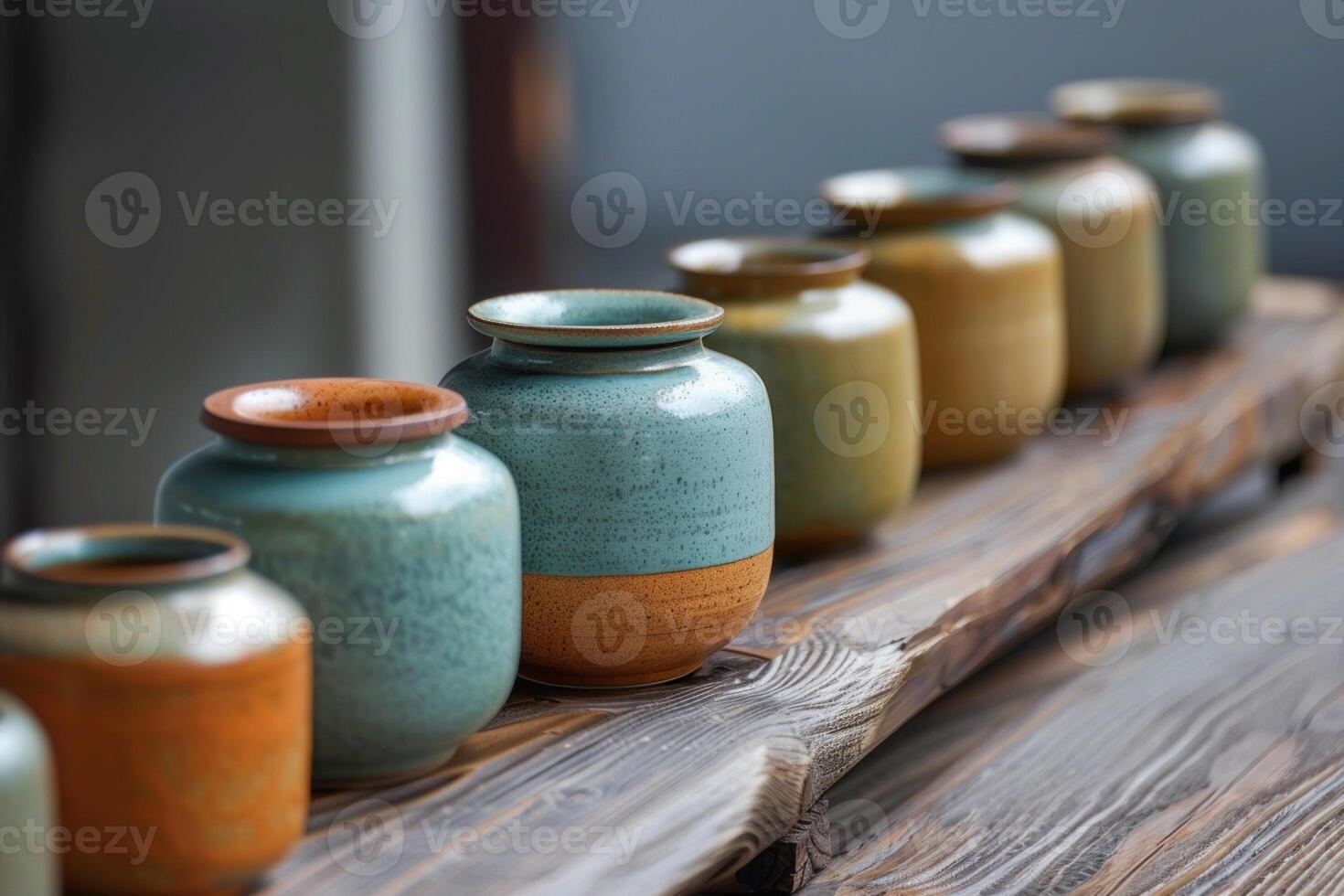 Ceramic vases displayed on rustic wooden shelf, showcasing craftsmanship photo
