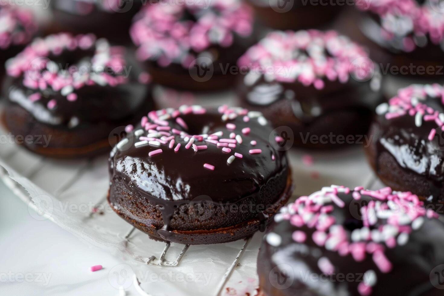 Delicious chocolate donuts covered in dark icing and sprinkles cooling on wire rack photo