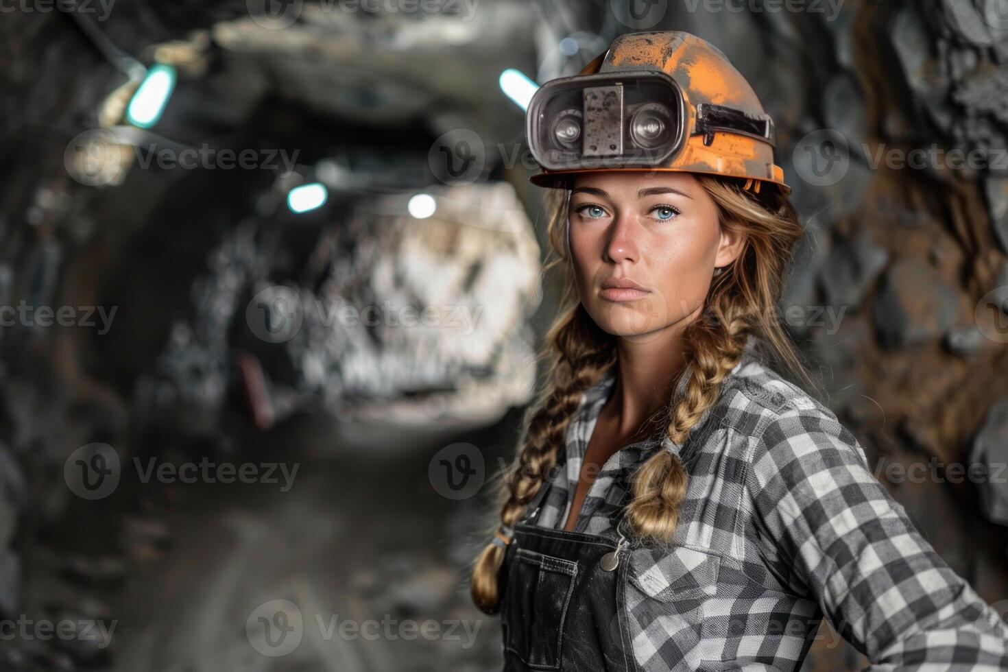 Coal miner woman working in underground mine tunnel shaft photo