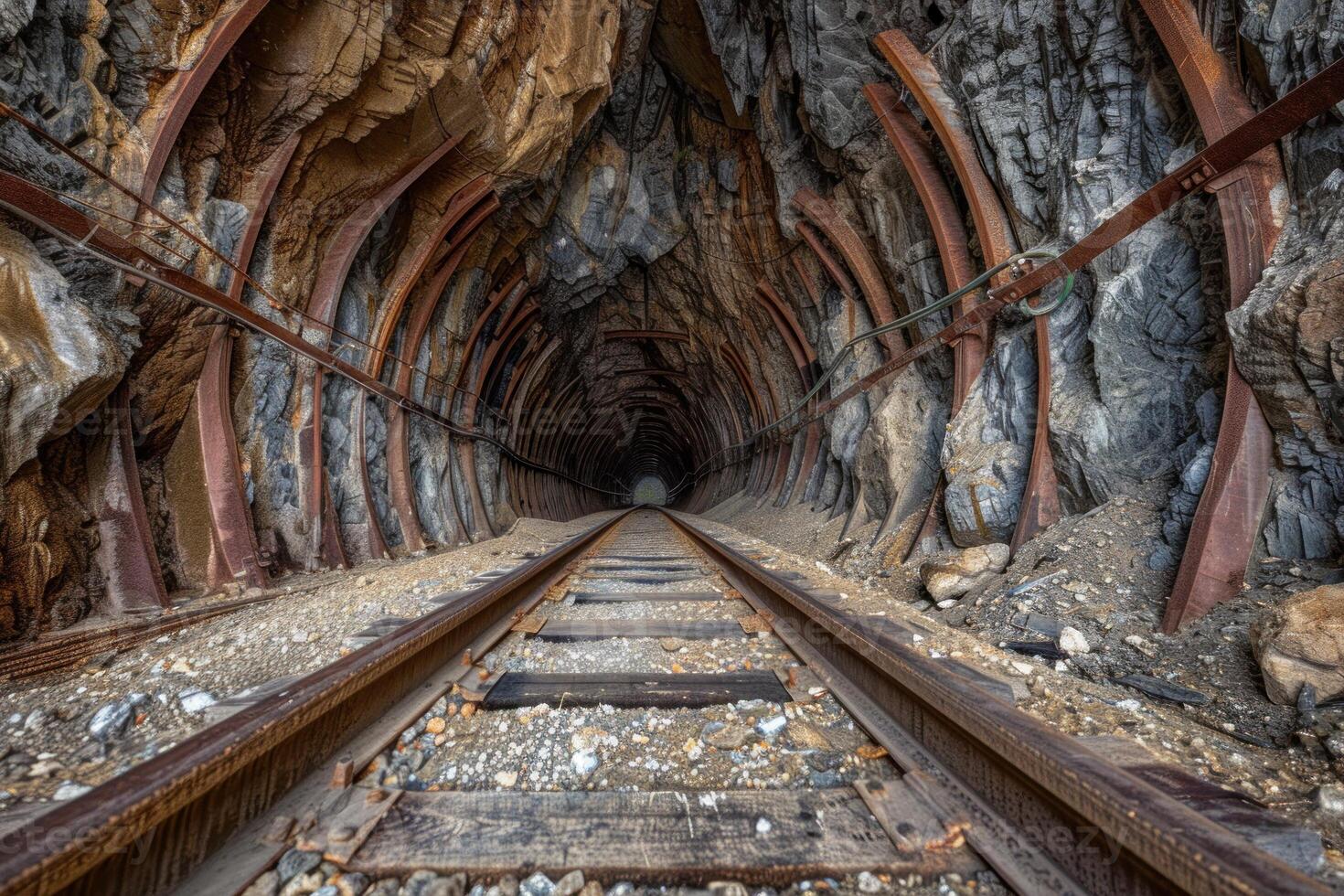 Rusty railroad tracks disappearing into a dark tunnel in rock formation photo