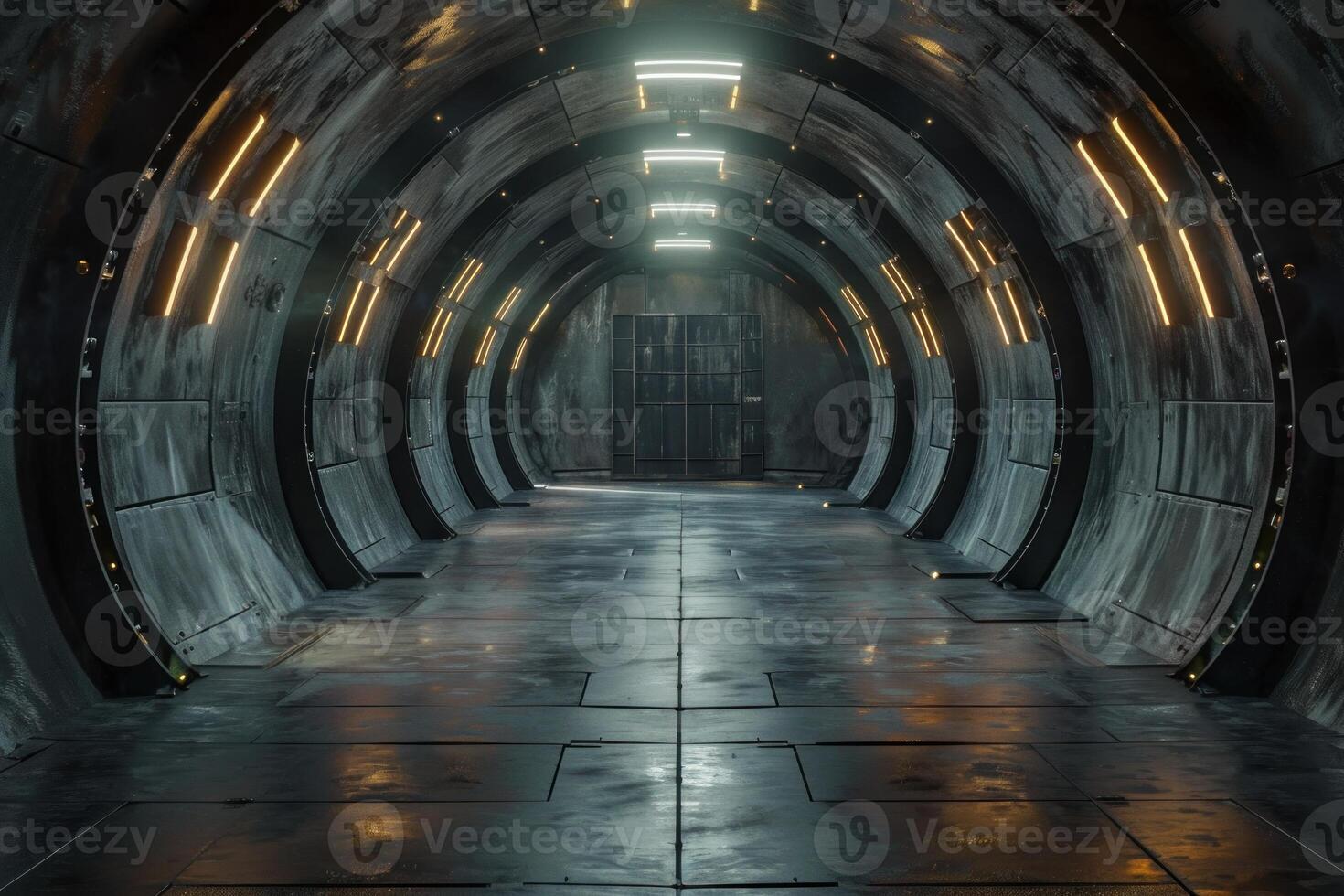 Futuristic metallic corridor leading to closed gate in underground bunker photo