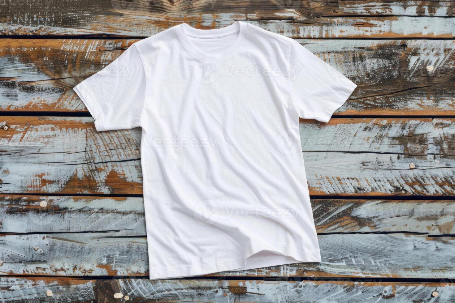 Blank white t shirt lying on rustic wooden background for mockup design photo