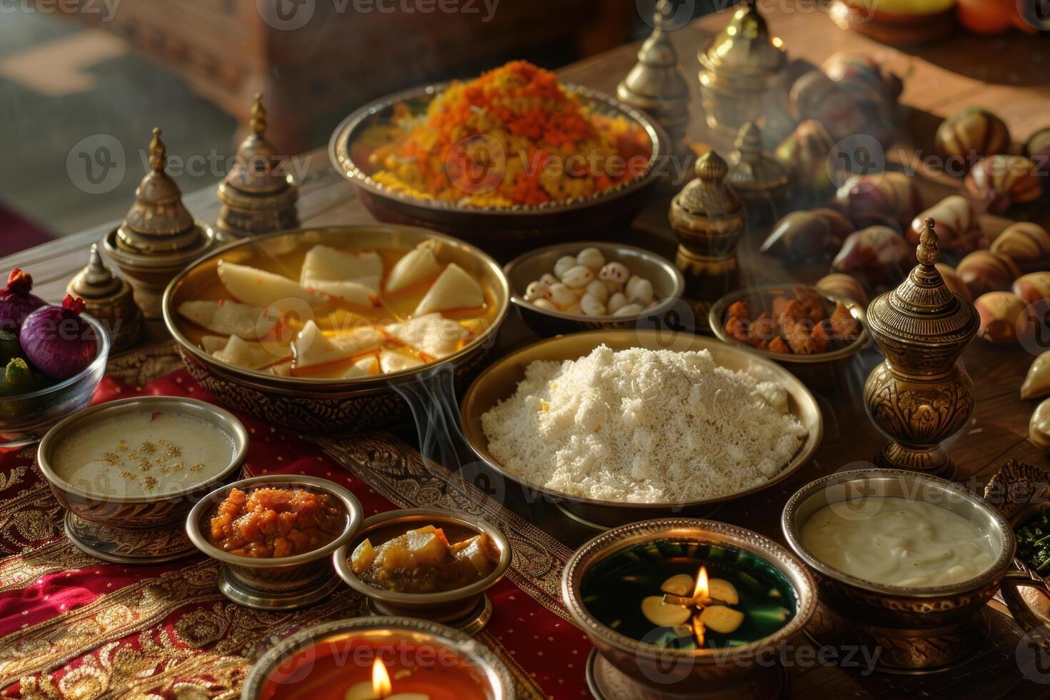 Steaming hot indian dishes served on ornate table setting photo