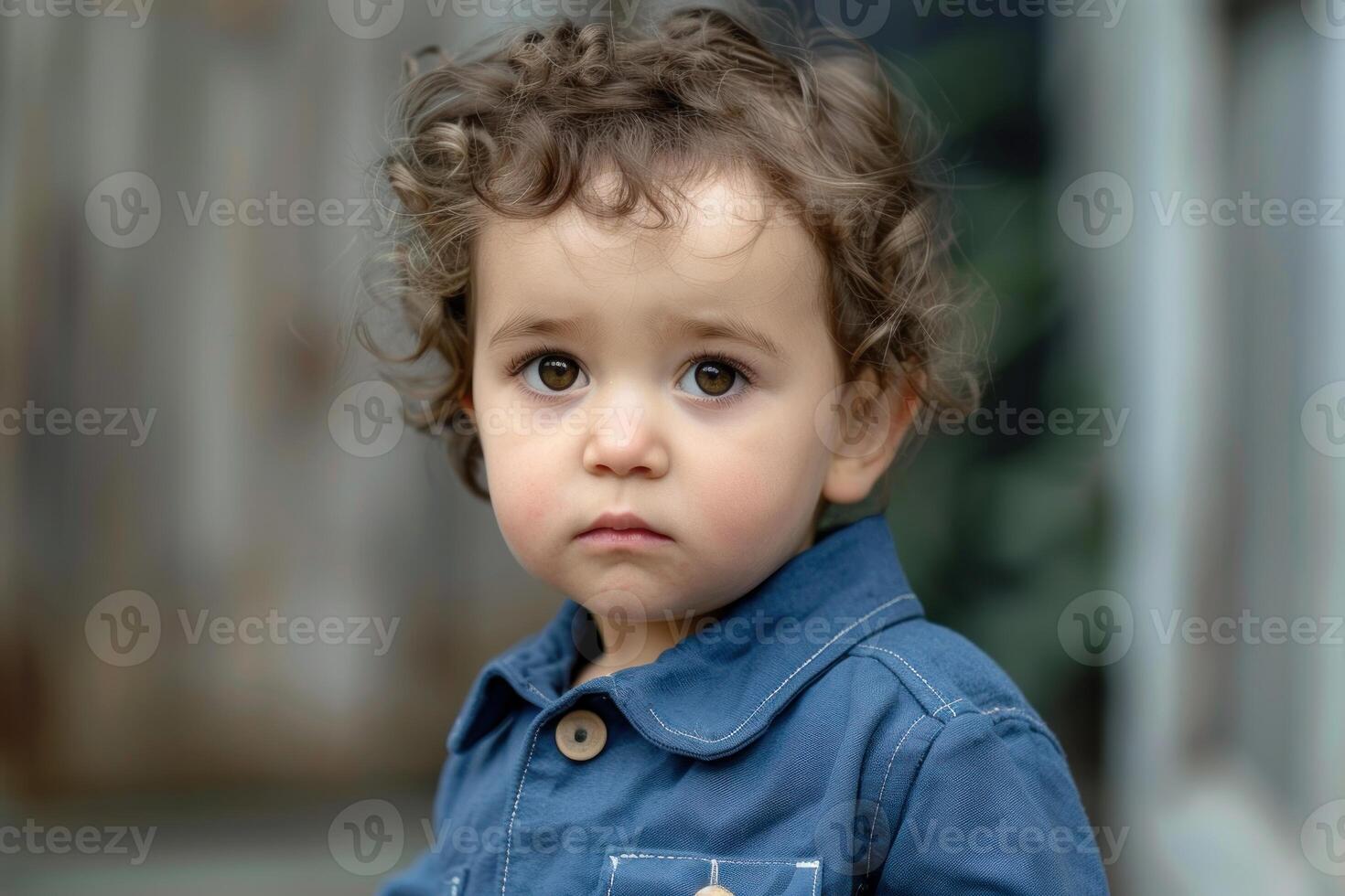 Portrait of adorable toddler with expressive brown eyes and curly hair photo