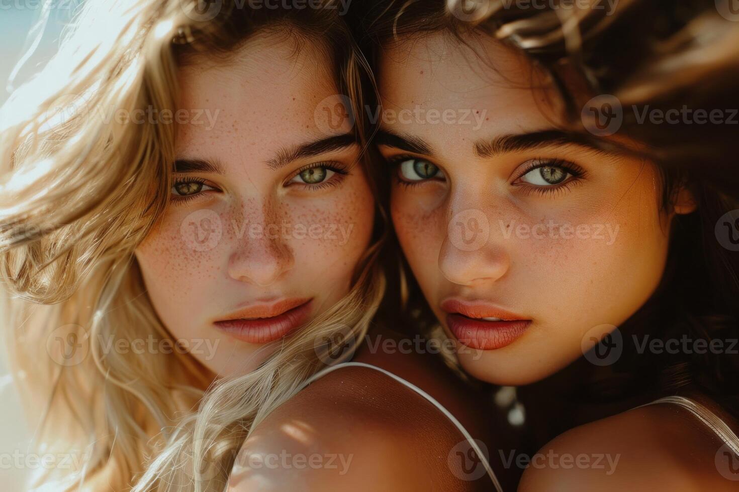 Two young fashion models posing with freckles showing, united in perfect harmony photo