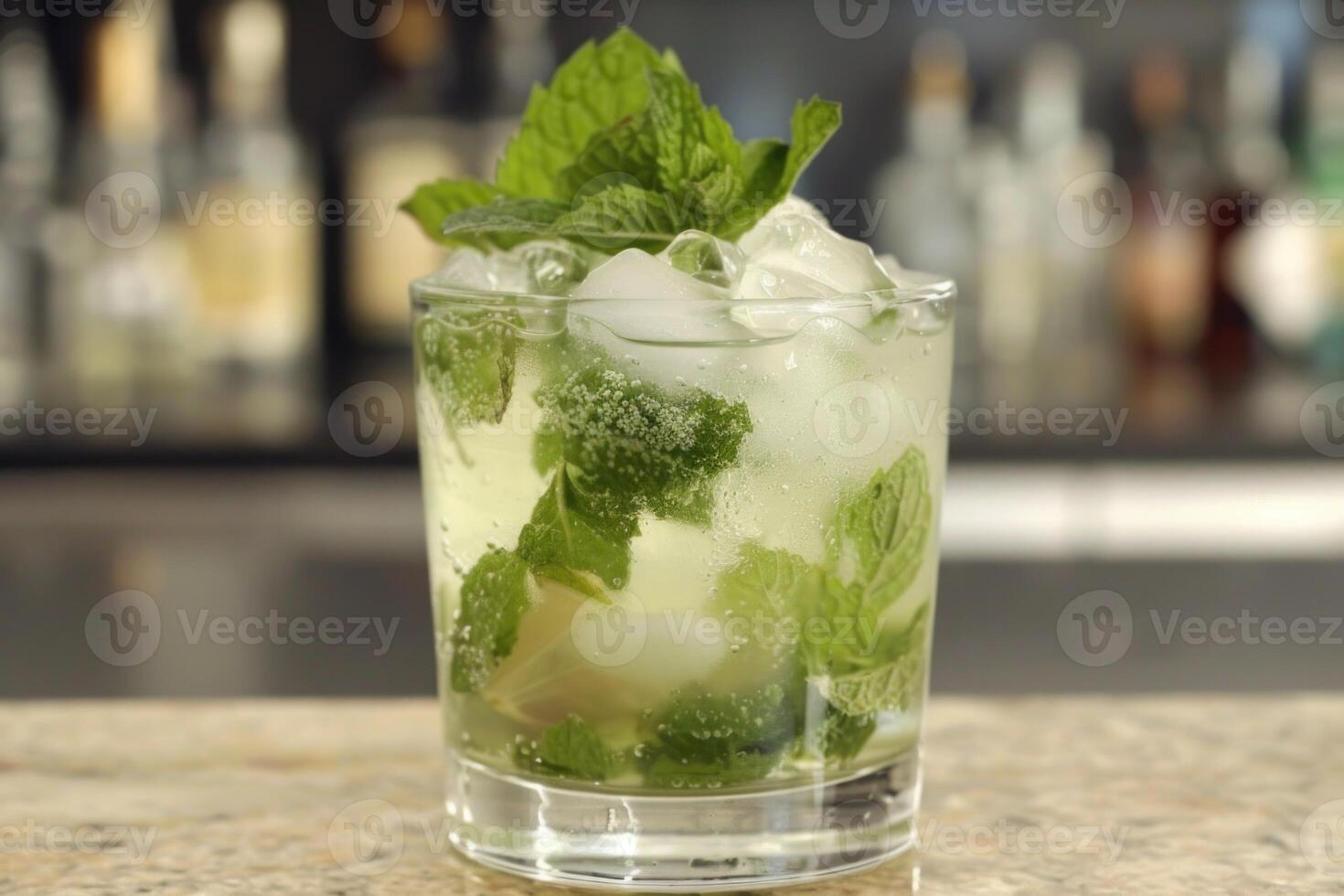 Refreshing mojito cocktail sitting on bar with mint and ice photo