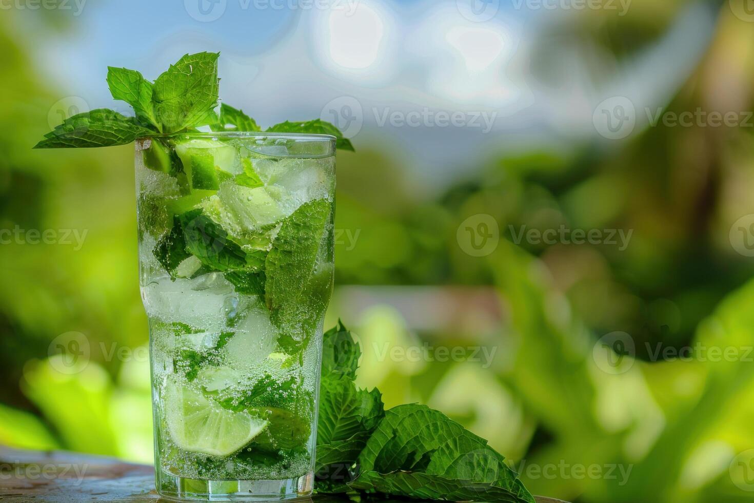 Refreshing mojito cocktail with lime, mint, and ice on a tropical background photo