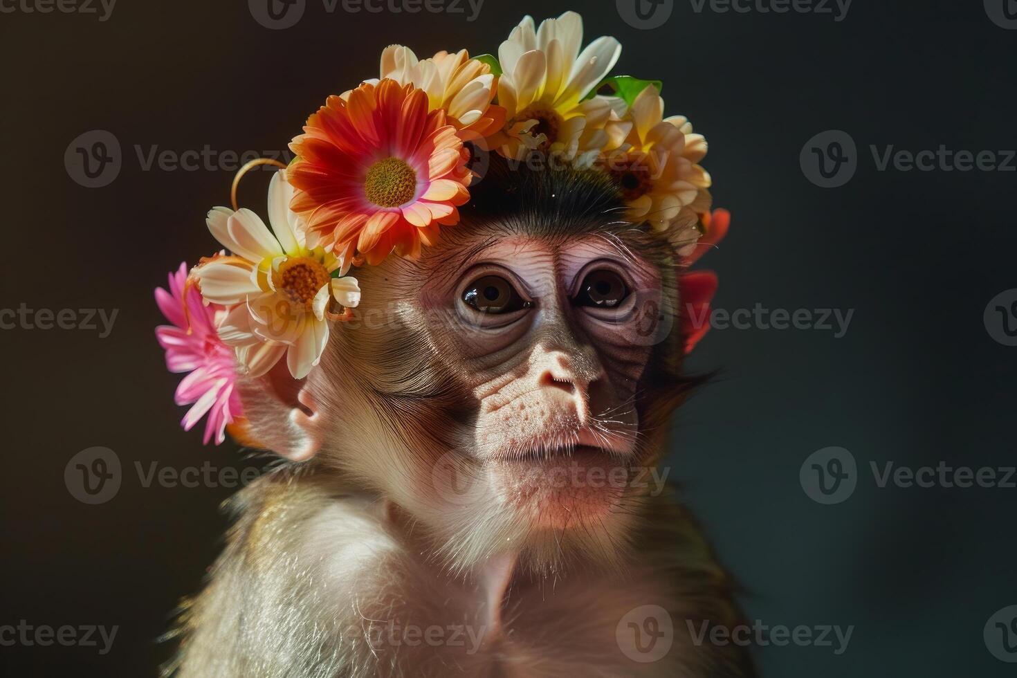 Monkey wearing a colorful flower crown posing calmly photo
