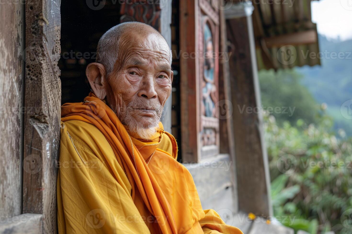 Senior buddhist monk wearing traditional saffron robe in temple doorway photo