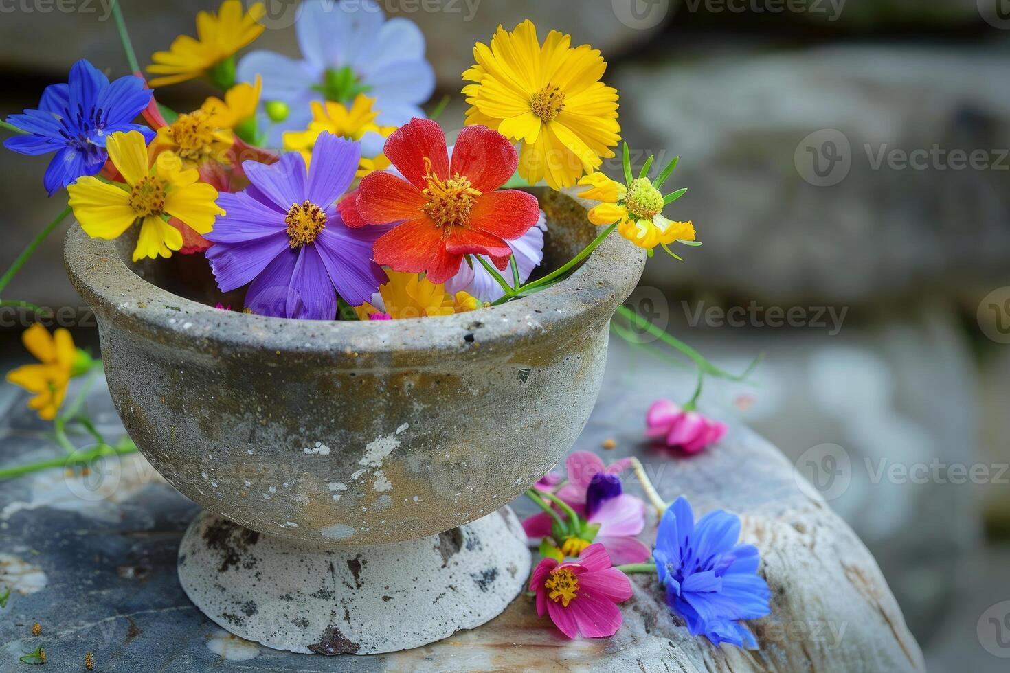 Colorful cosmos flowers blooming in rustic stone pot photo