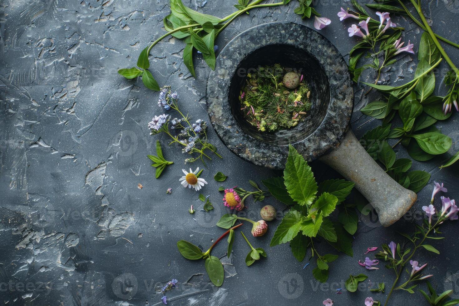 Mortar and pestle grinding fresh herbs for traditional medicine preparation photo