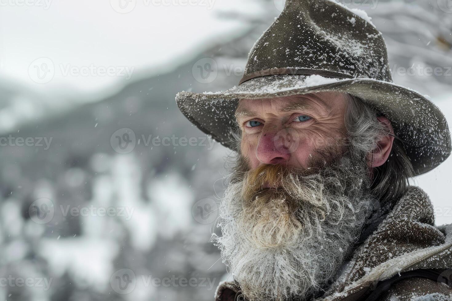 Mountain man wearing snowy hat and frozen beard in winter landscape photo