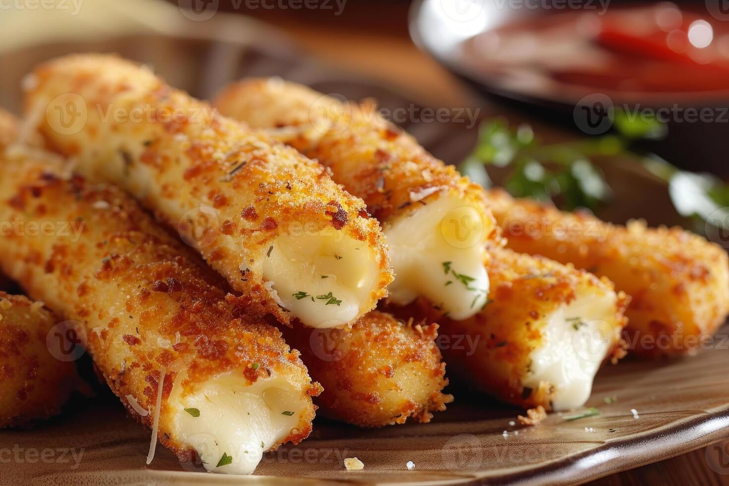 Delicious fried mozzarella sticks with marinara sauce and parsley topping photo
